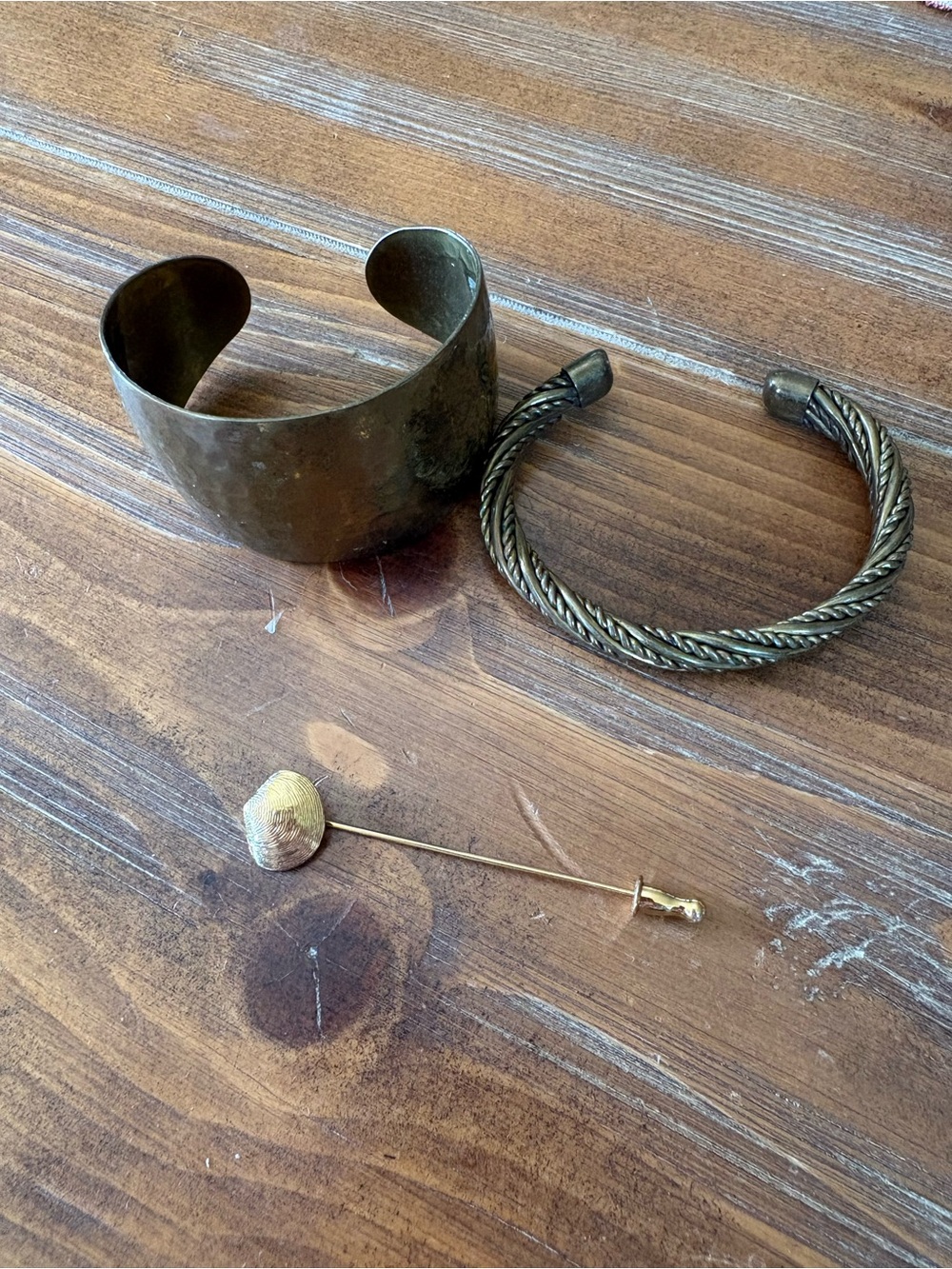 Gold look cuff and Torque Bracelet Set and Monet shell stick pin